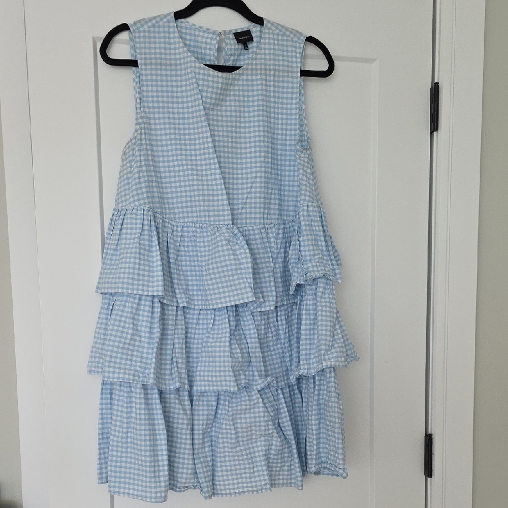 Who What Wear Pale Blue Gingham Tiered Ruffle Dress